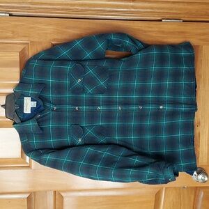 * GreatLand Teal Plaid Flannel Jacket with Warm Quilted Lining, Size Large, EUC